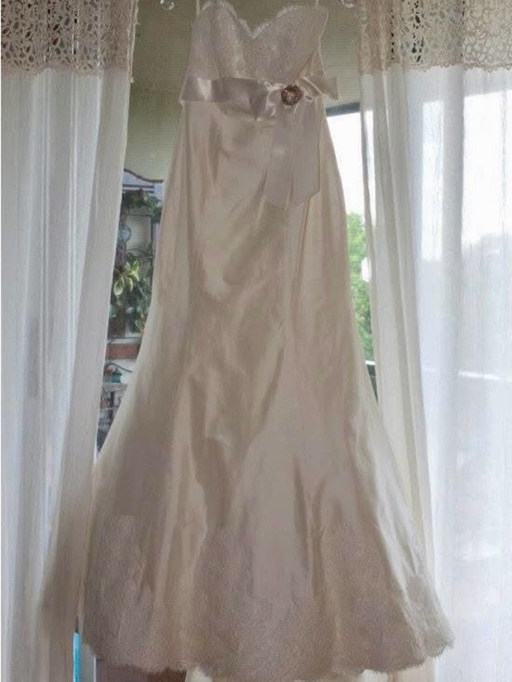 Paloma Blanca White Strapless Lace Wedding Gown with Satin Bow